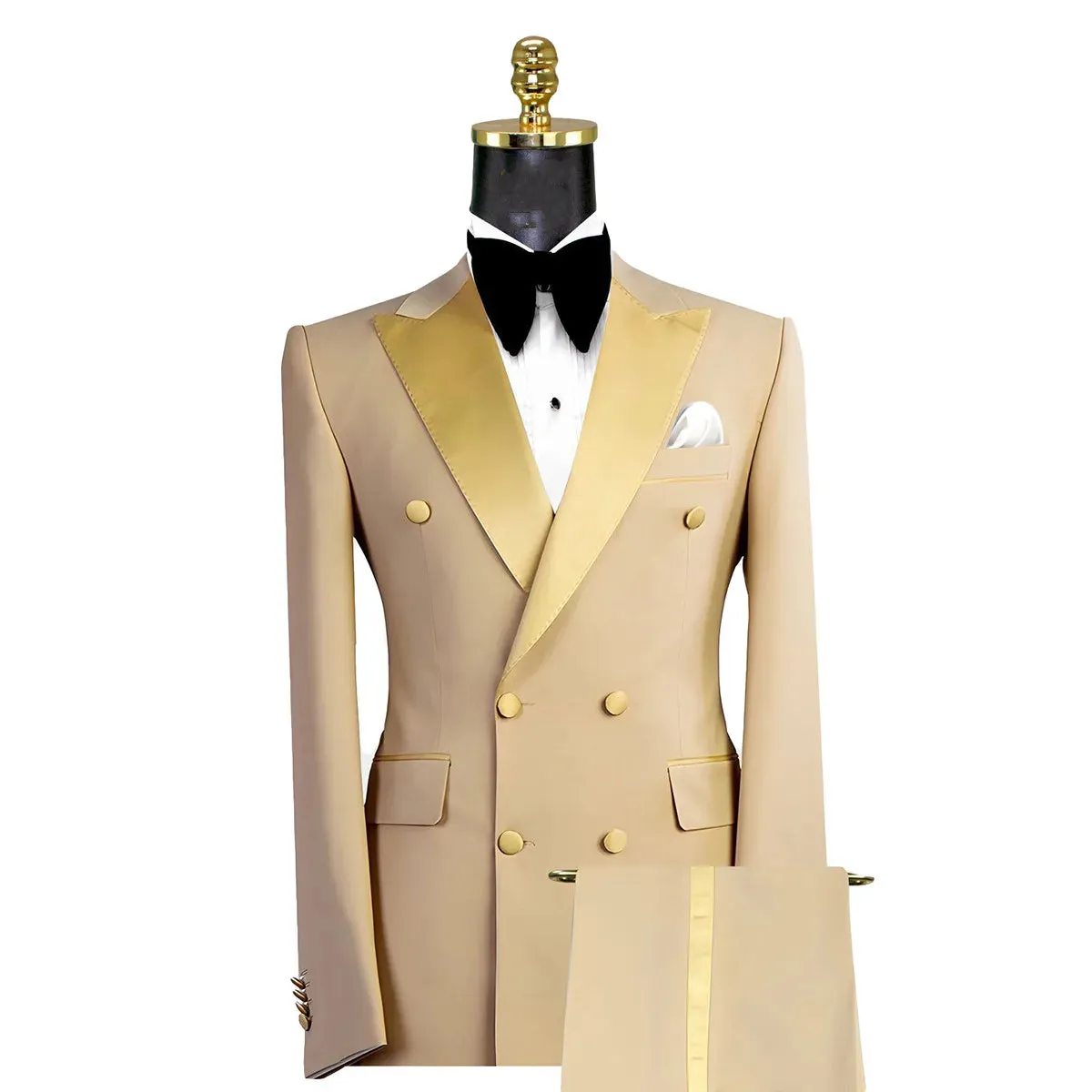 Aidase Gold Men Suits 2 Pieces Blazer Pure Pants Double Breasted Tuxedo Modern SatinWide Lapel Wedding Formal Work Prom Causal Tailored