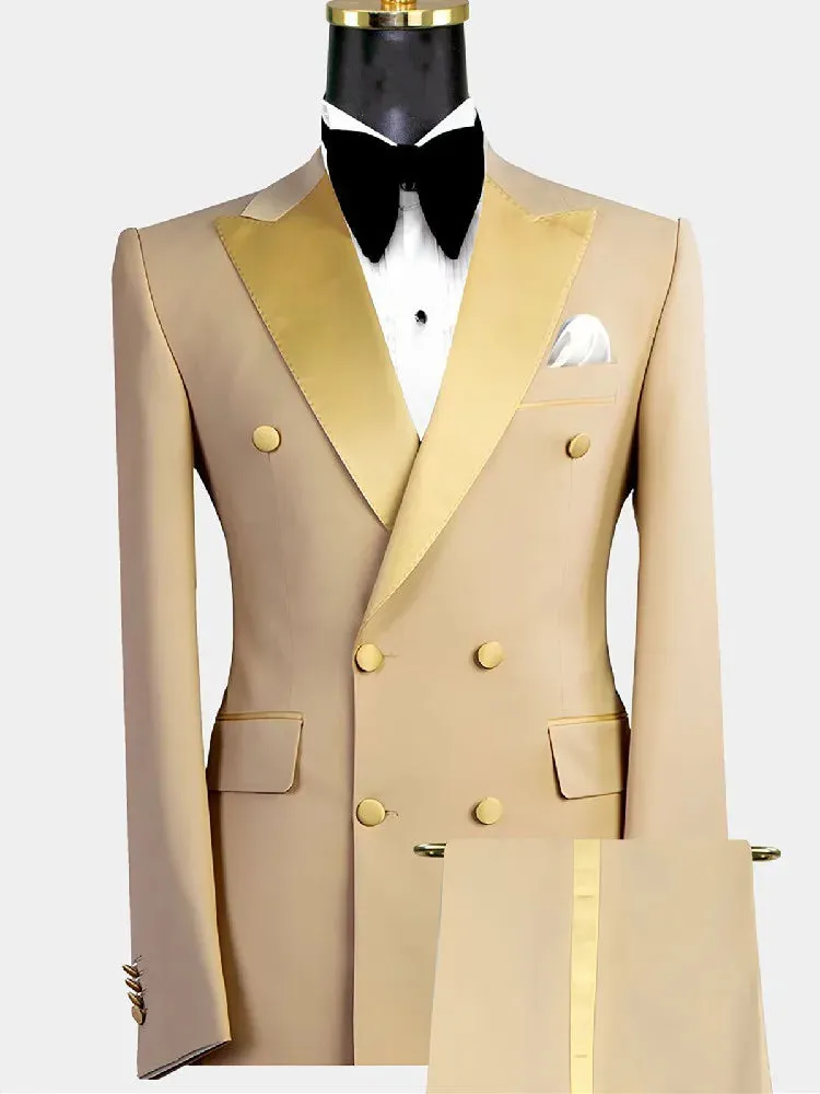 Aidase Gold Men Suits 2 Pieces Blazer Pure Pants Double Breasted Tuxedo Modern SatinWide Lapel Wedding Formal Work Prom Causal Tailored