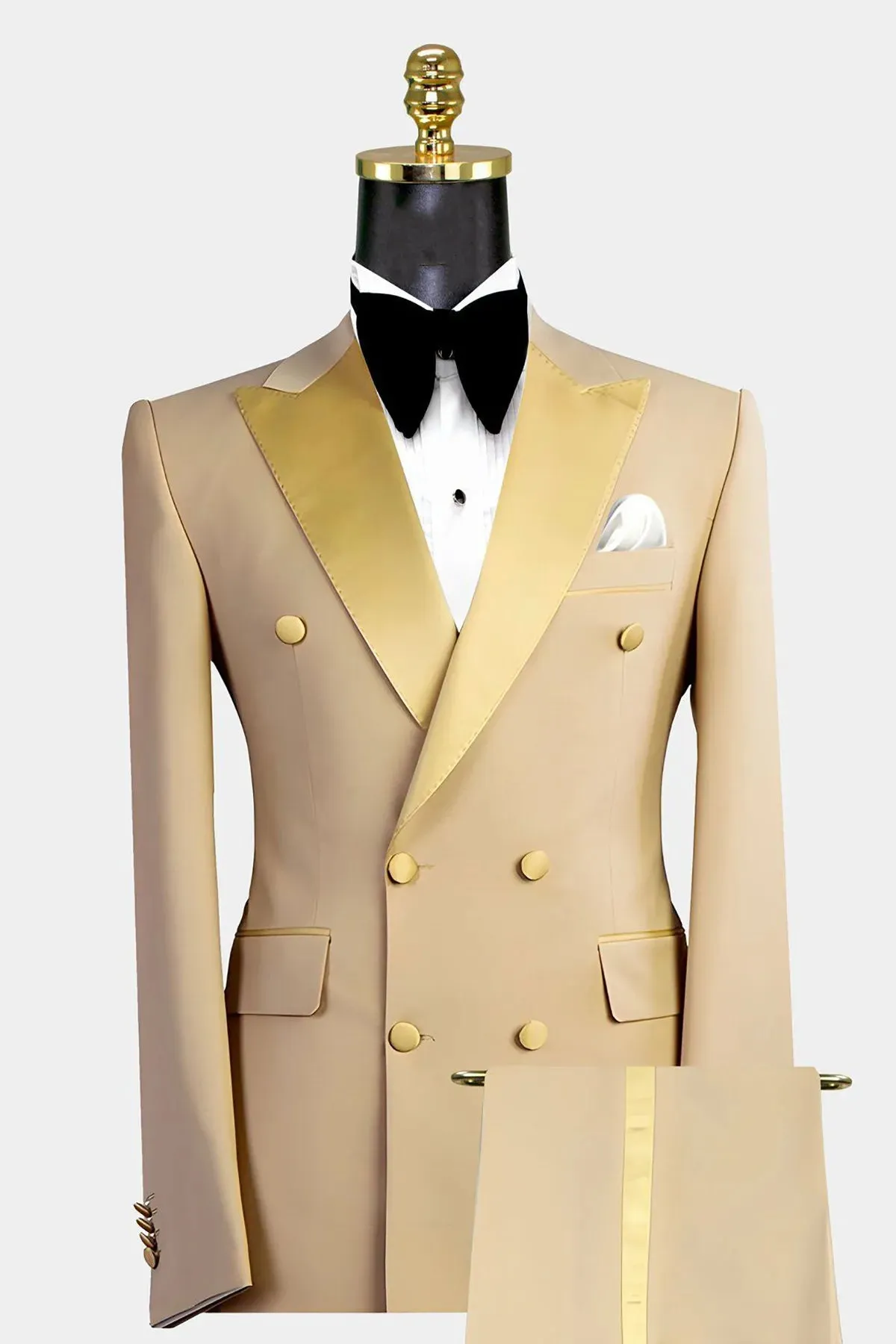 Aidase Gold Men Suits 2 Pieces Blazer Pure Pants Double Breasted Tuxedo Modern SatinWide Lapel Wedding Formal Work Prom Causal Tailored