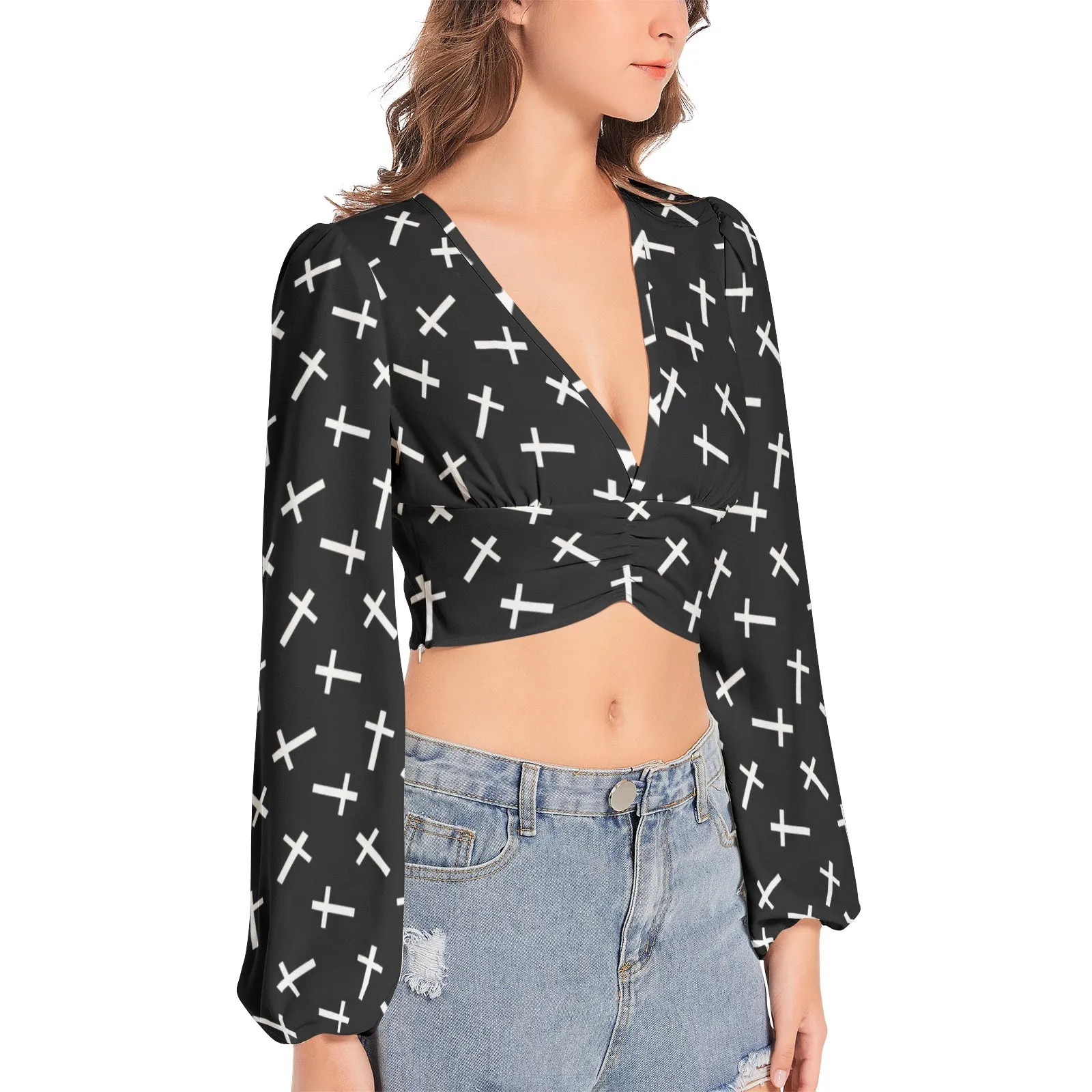 Crosses Women's Deep V-Neck Lantern Sleeve Crop Top