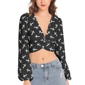 Crosses Women's Deep V-Neck Lantern Sleeve Crop Top