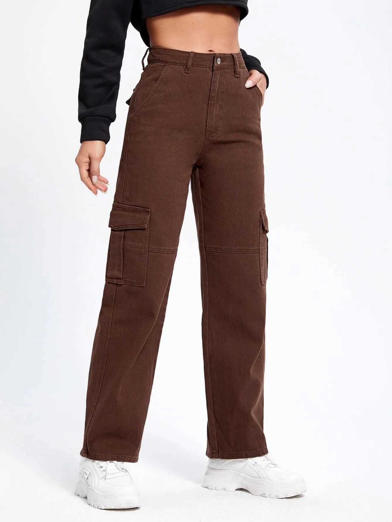 High Waist Flap Pockets Cargo Jeans