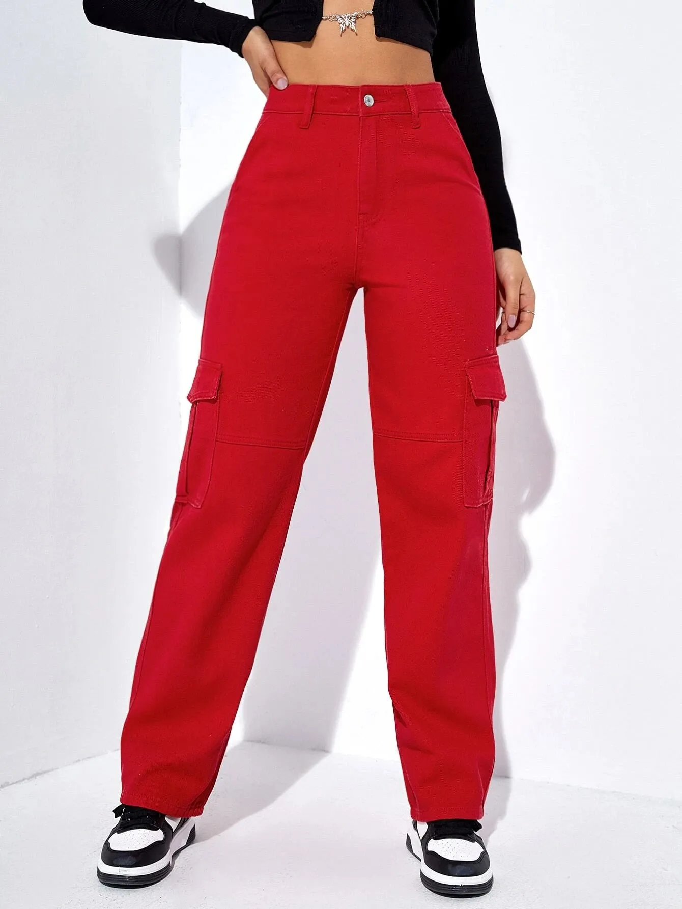 High Waist Flap Pockets Cargo Jeans