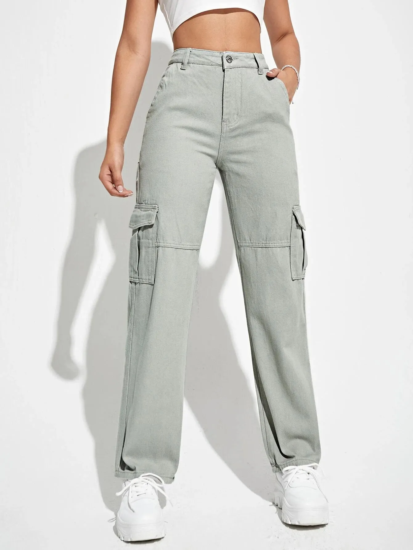 High Waist Flap Pockets Cargo Jeans