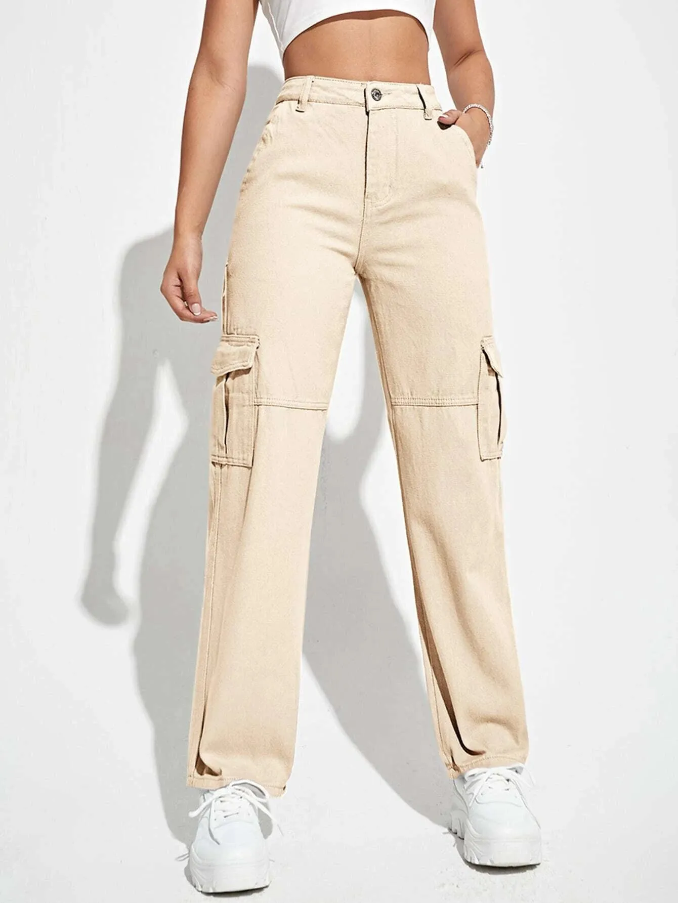 High Waist Flap Pockets Cargo Jeans