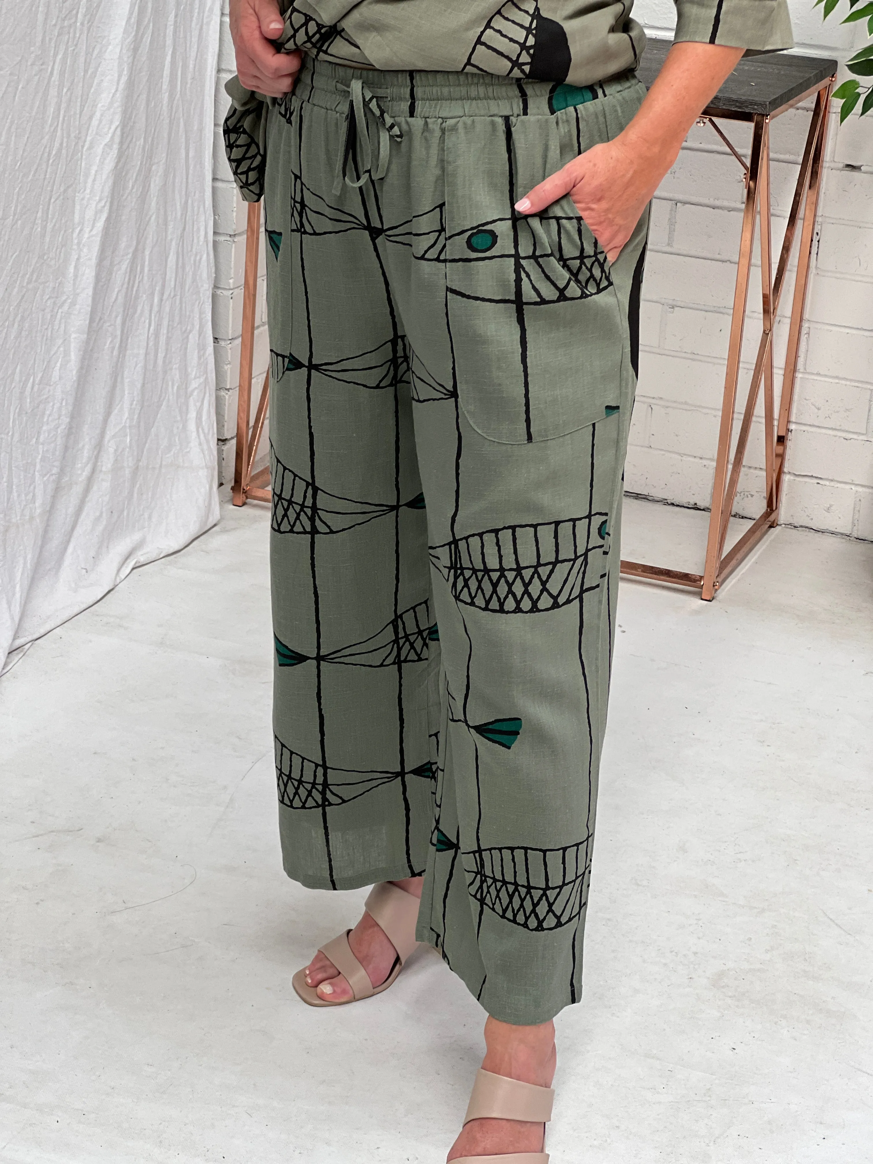 Niylah Fishbone Khaki Linen Pants
