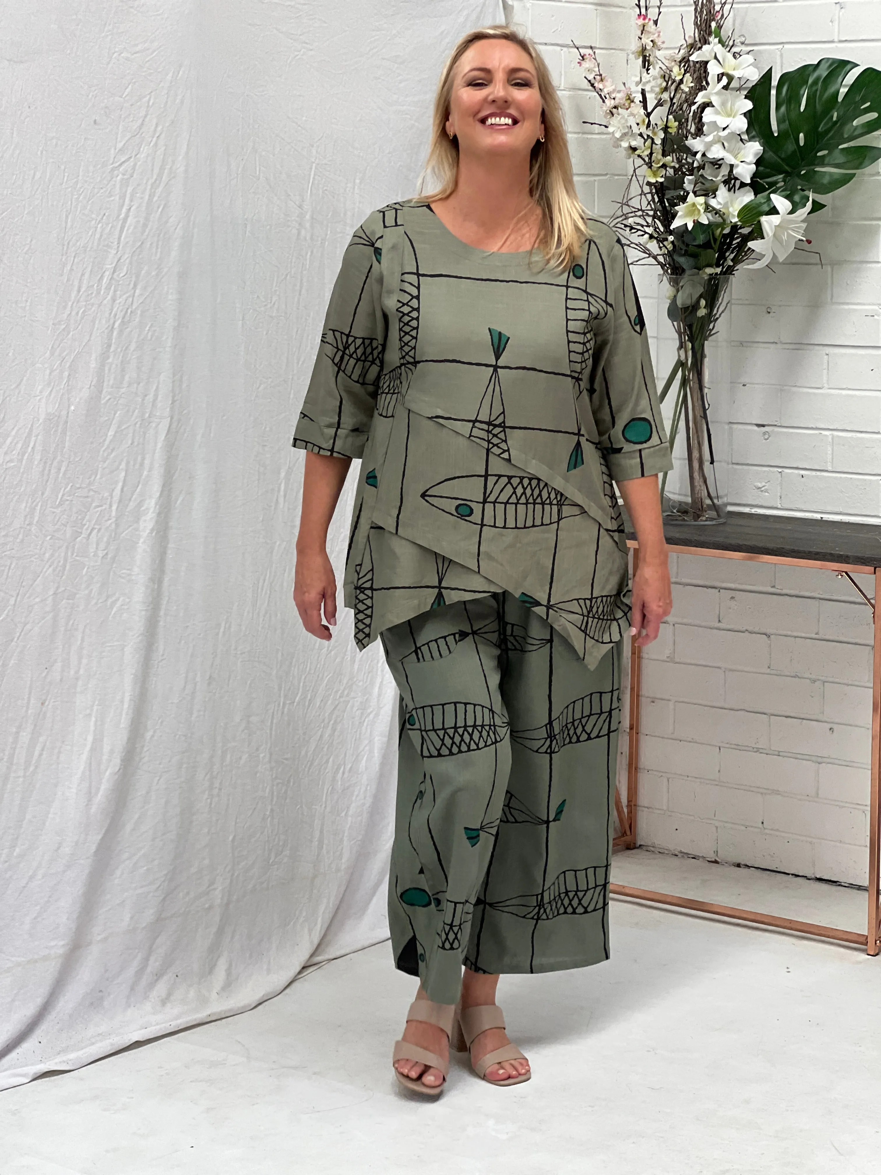 Niylah Fishbone Khaki Linen Pants