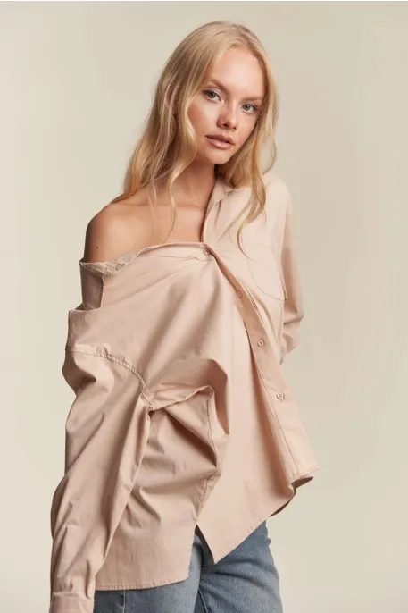 Nude Poplin Button Down Top