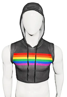 Rainbow Chest Stripe Hooded Sports Mesh Crop Tank - Black