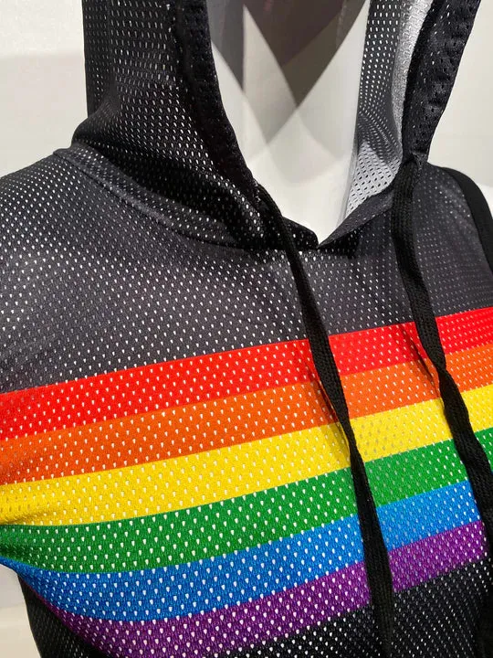 Rainbow Chest Stripe Hooded Sports Mesh Crop Tank - Black