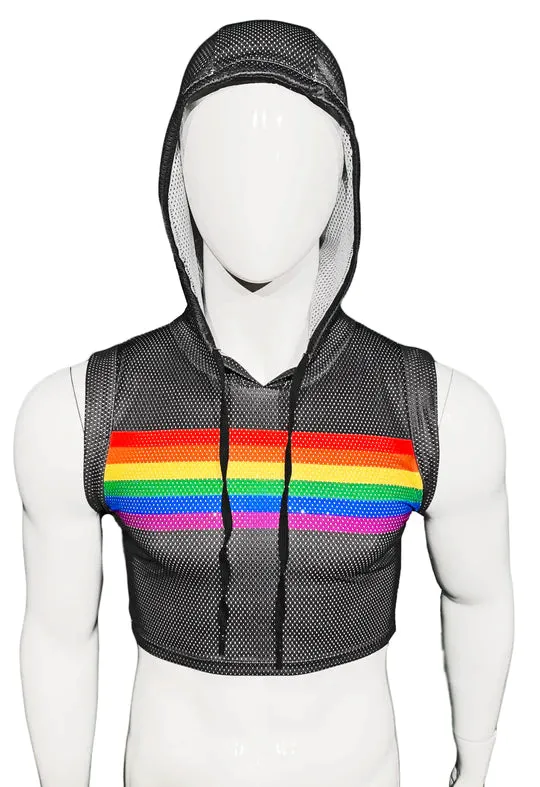 Rainbow Chest Stripe Hooded Sports Mesh Crop Tank - Black