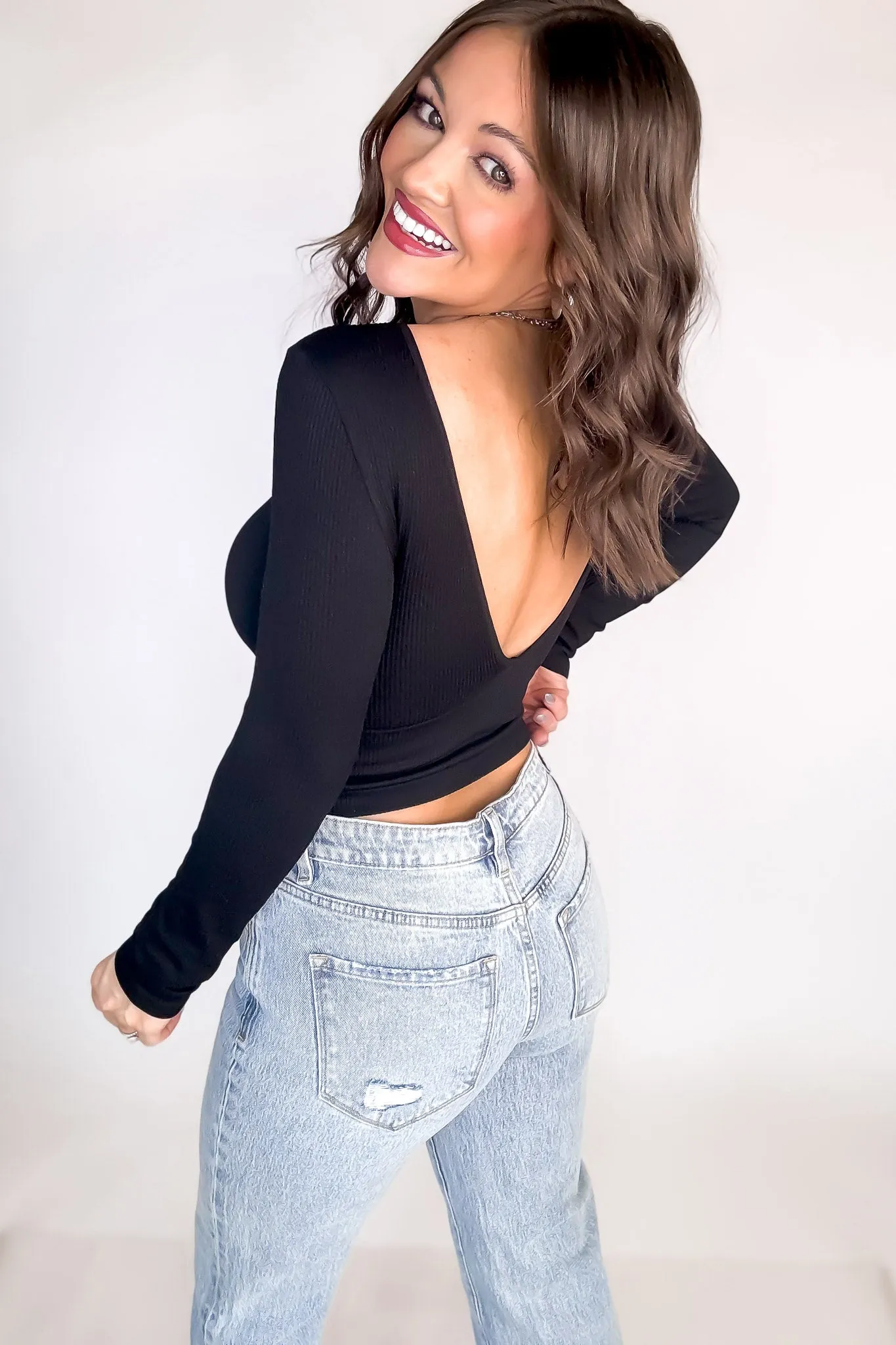 Ribbed V Plunge Longsleeve Crop Top