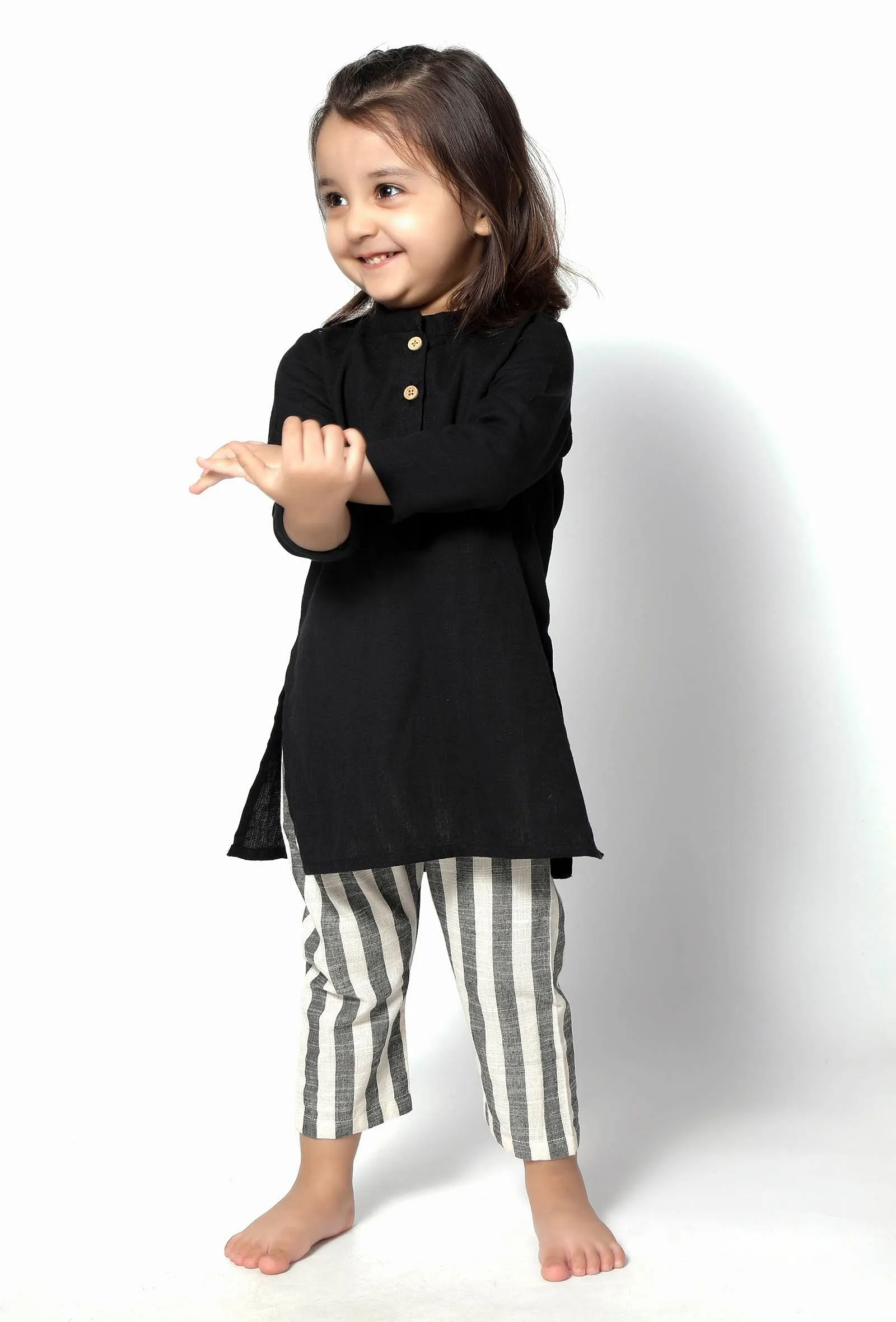 Set of 2- Mulan Black Handblock Cotton Kurta with Green Stripes Pants